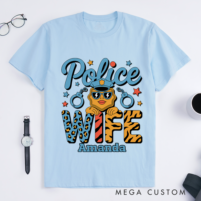 Personalized Police Wife T-Shirt with Fun and Colorful Design Featuring Handcuffs and Stars Gift for Law Enforcement Wives