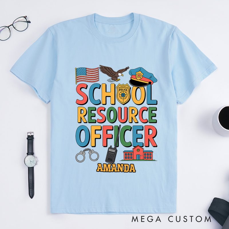 Personalized School Resource Officer T-Shirt with Colorful Design Featuring Police and School Elements Gift for SROs