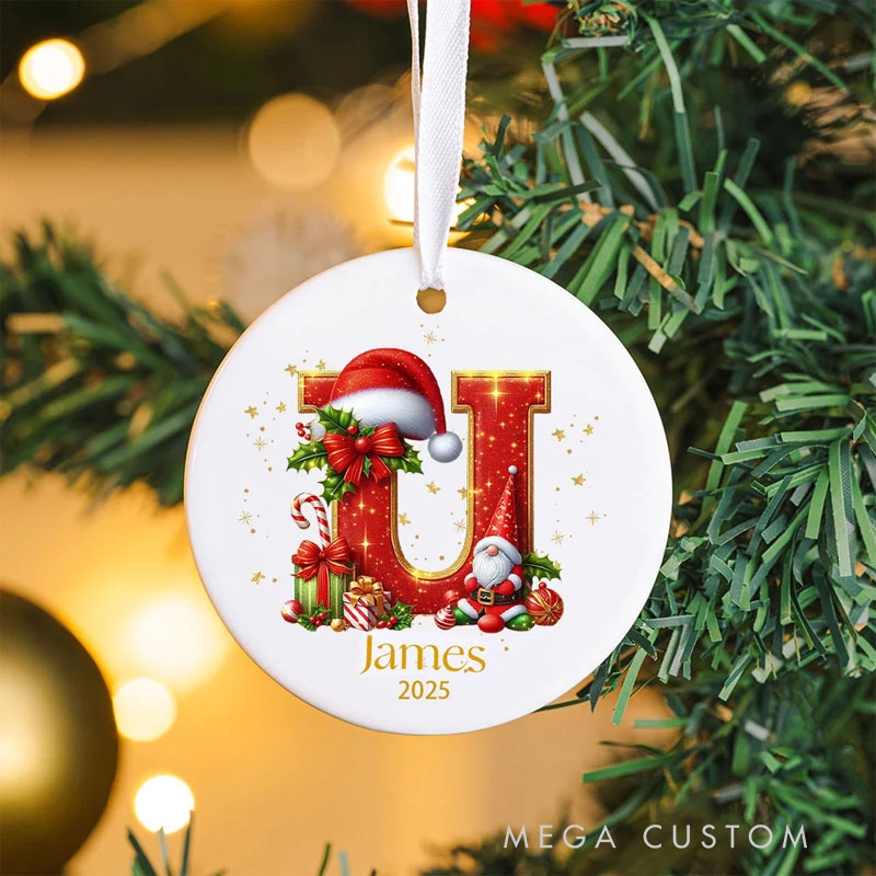 Personalized Candy Cane Santa Holly Initial Ceramic Christmas Ornament with Name and Year Holiday Tree Decor Gift for Kids Family