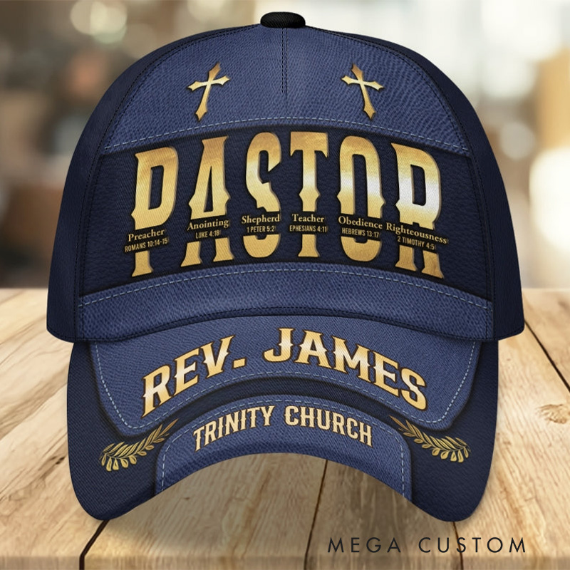 Personalized Preacher Teacher Shepherd Pastor Bible Verse Classic Cap with Name and Church Name Gold Cross Baseball Cap Rrligious Gift for Pastor
