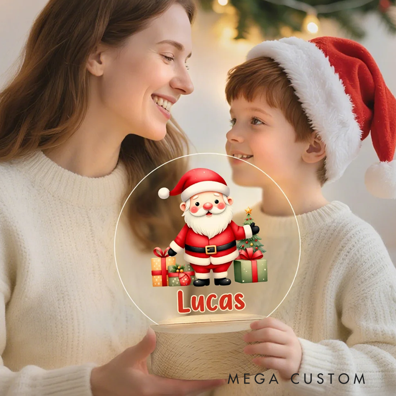 Personalized Cartoon Santa Claus Acrylic LED Night Light with Name and Wooden Base Room Decor Christmas Gift for Kid Baby