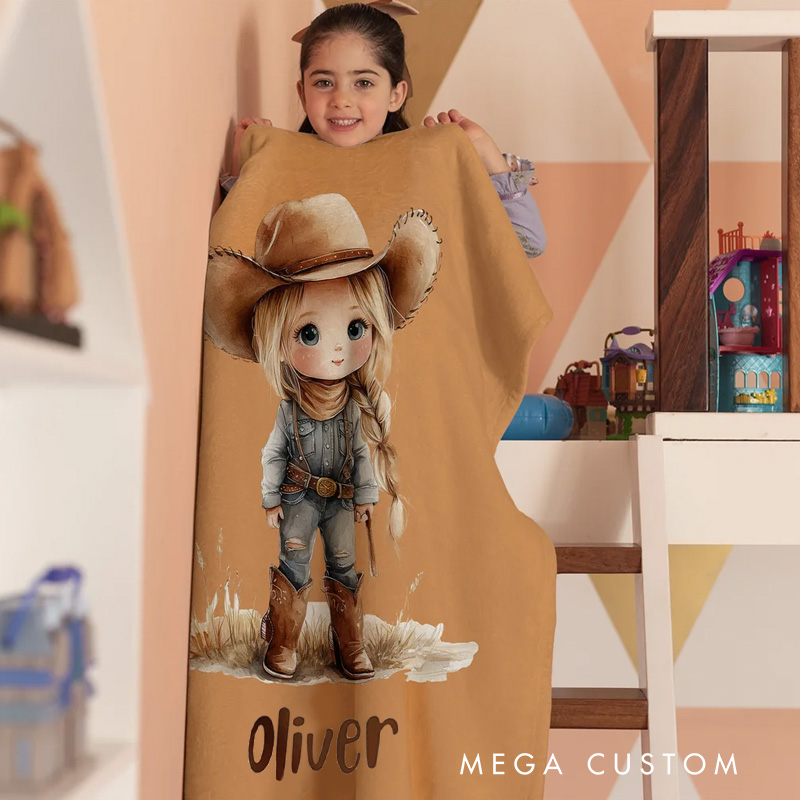 Personalized Cartoon Cowboy Cowgirl Soft Throw Blanket with Name Home Decor Birthday Gift for Kids Cowboy Lovers