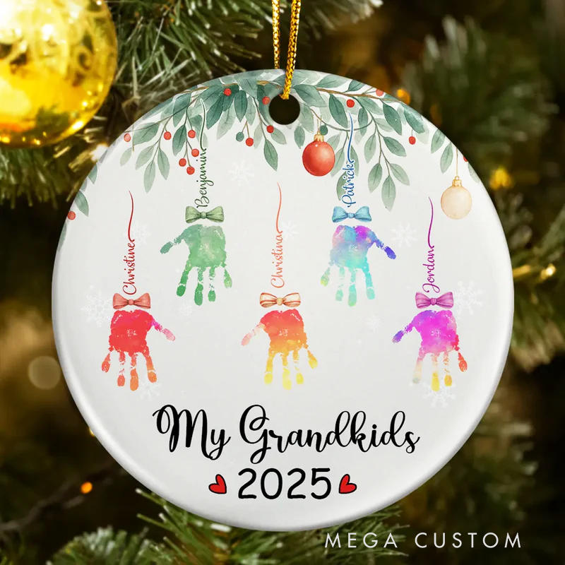 Personalized My Grandkids Handprints Circle Ceramic Ornament