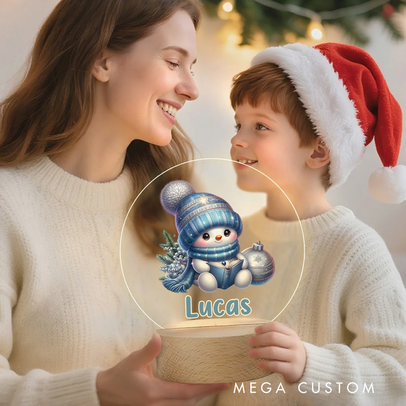 Personalized Snowflake Cute Snowman Christmas LED Night Light with Name and Wooden Base Christmas Gift for Kids