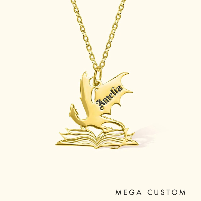 Personalized Book Dragon Necklace with Name Birthday Anniversary Gift for Bookworm Reader Fantasy Book Lovers Gift