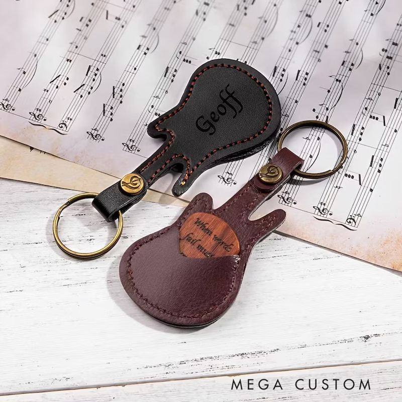 Personalized Name Guitar Leather Keyring Guitar Pick Holder Custom Guitar Pick in Guitar Shaped Leather Keyring Gift for Guitarist