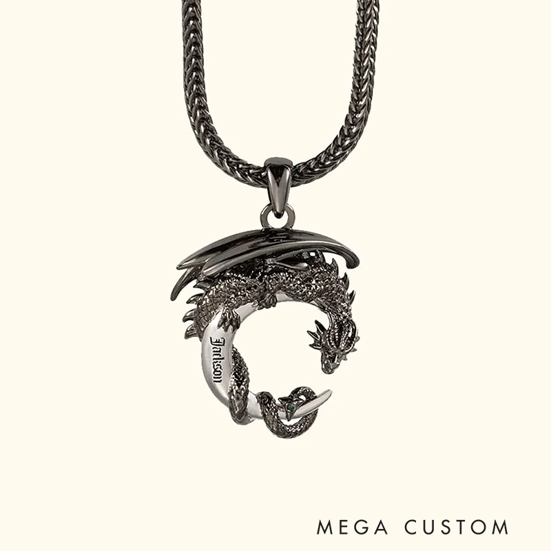Personalized Medieval Gothic Moon Dragon Name Necklace with Foxtail Chain Father’s Day Birthday Gift for Bookworm Reader Fantasy Book Lovers Gift
