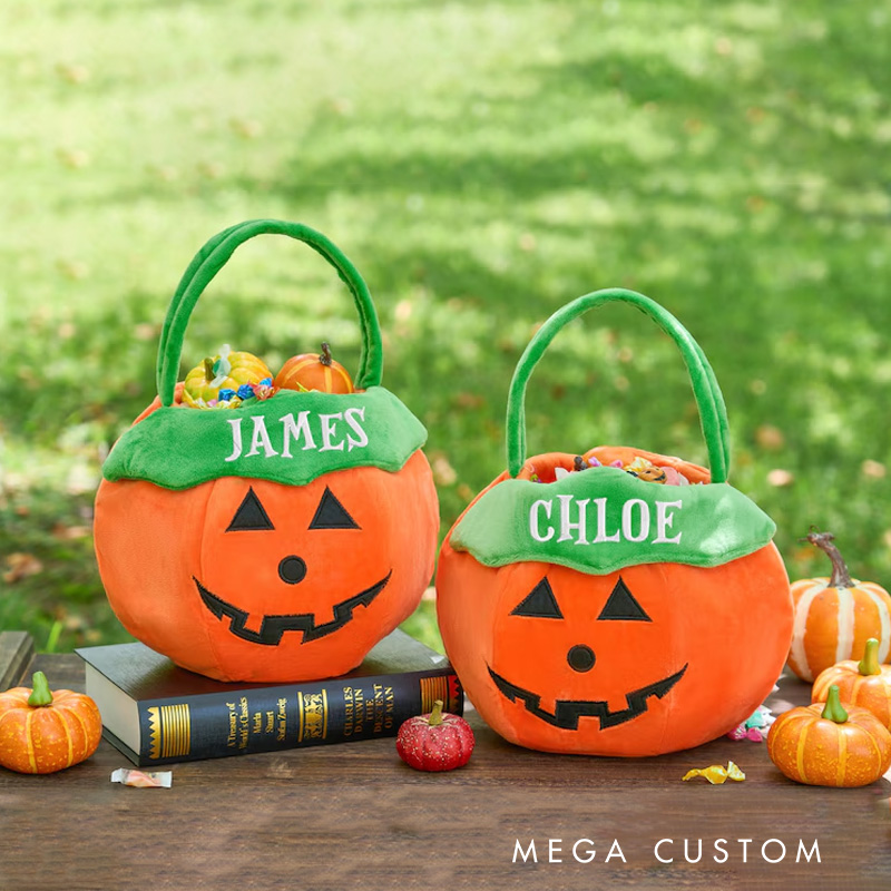 Personalized Embroidered Pumpkin Halloween Treat Basket with Green Handle for Fun Trick or Treat Adventures