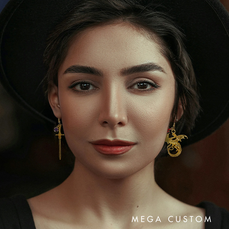 Personalized Fantasy Dragon Sword Earrings with Birthstone Birthday Anniversary Christmas Gift for Women Bookworms Fantasy Book Lovers Gift