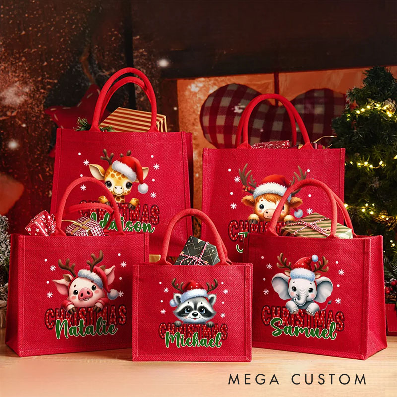 Personalized Christmas Santa Hat Cute Animal Large Tote Bag with Name Daily Use Christmas Party Gift for Family Friends