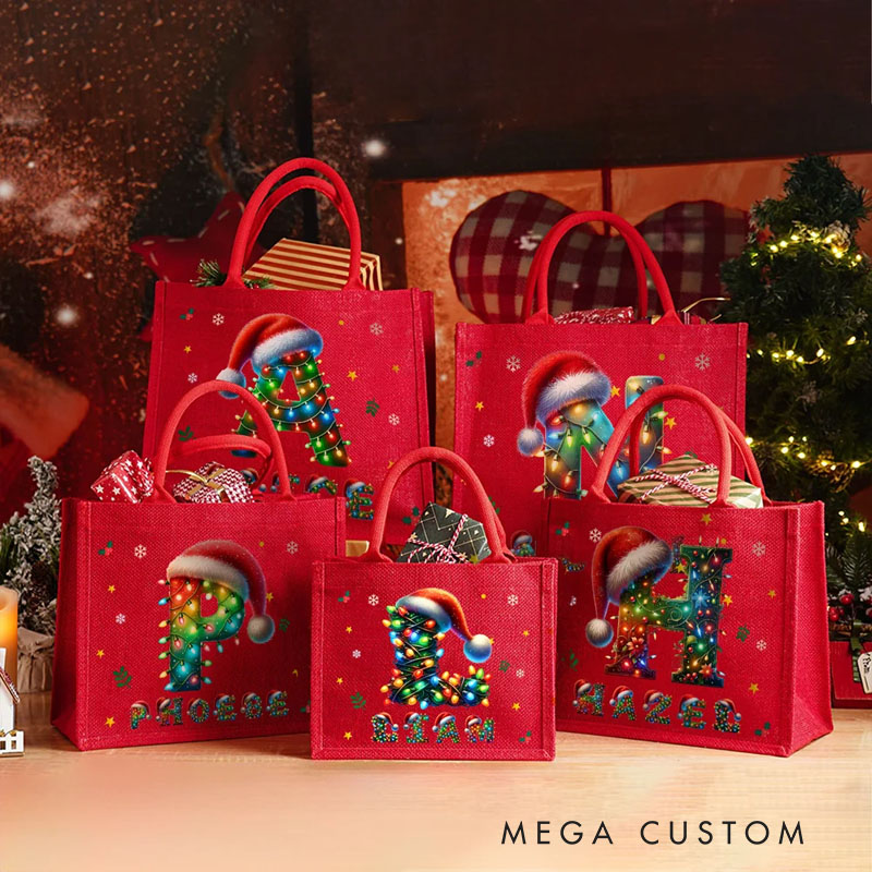 Personalized Santa Hat Color Lights Reusable Red Jute Tote Gift Bag with Initial and Name Christmas Party Gift for Family Kids