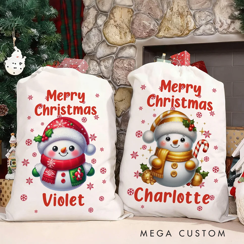 Personalized Merry Christmas Cute Snowman Drawstring Canvas Gift Bag with Name Christmas Party Gift for Kids Family