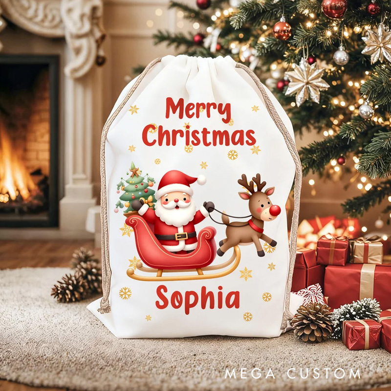 Personalized Cute Cartoon Santa Claus Snowflake Drawstring Christmas Gift Bag with Name Merry Christmas Gift for Kids Family