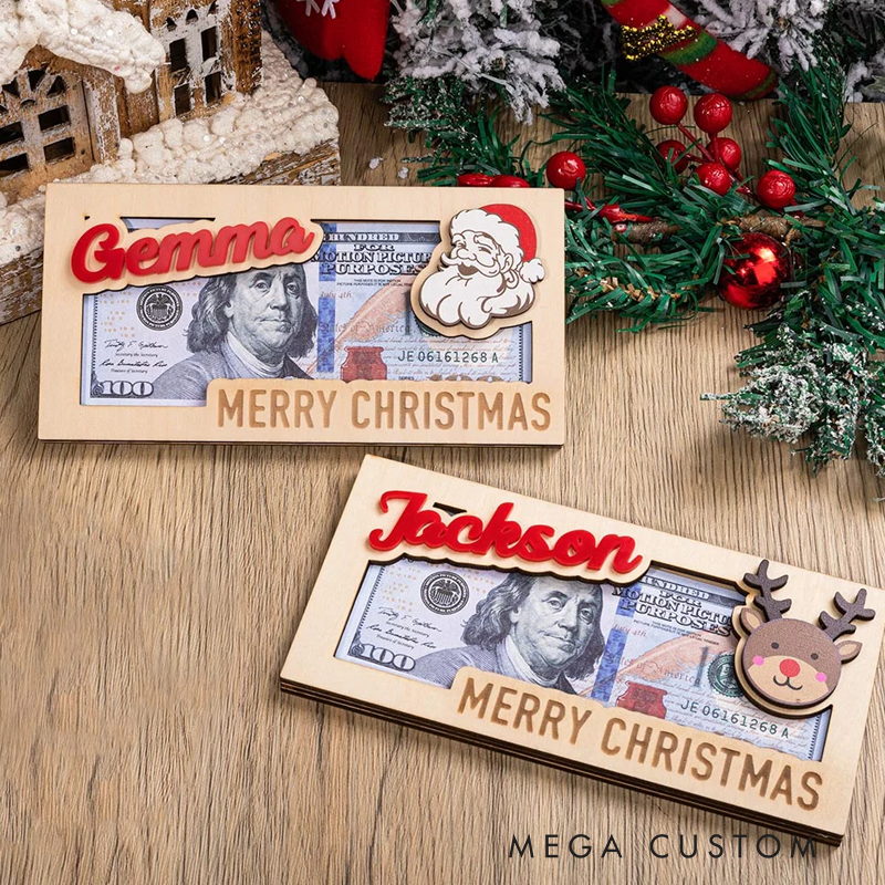 Personalized Wooden Christmas Santa Elk Money Holder with Engraved Text Unique Money Card Christmas Gift for Kids Family