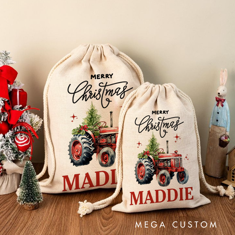 Personalized Merry Christmas Truck Drawstring Canvas Gift Bag with Name Christmas Party Gift for Kids Family