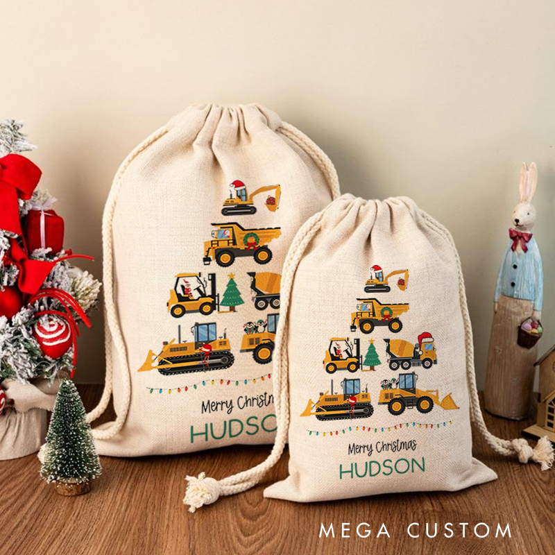 Personalized Merry Christmas Tractor Drawstring Canvas Gift Bag with Name Christmas Party Gift for Kids Family