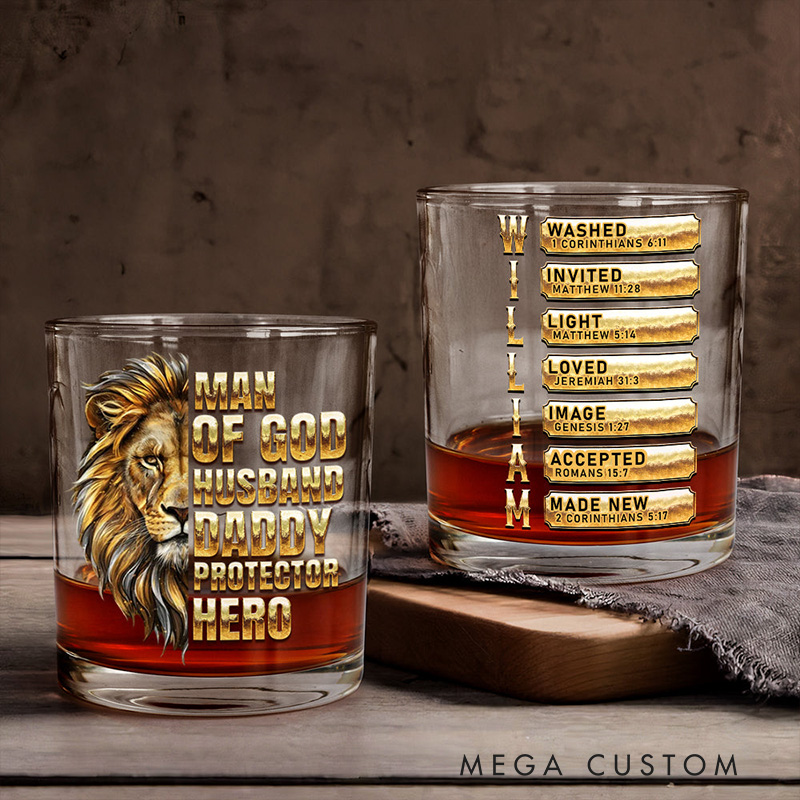 Personalized Man of God Lion Protector Hero 10.5 oz Old Fashioned Rock Whiskey Glass with Name and Bible Verse Religious Gift for Men Husband Daddy