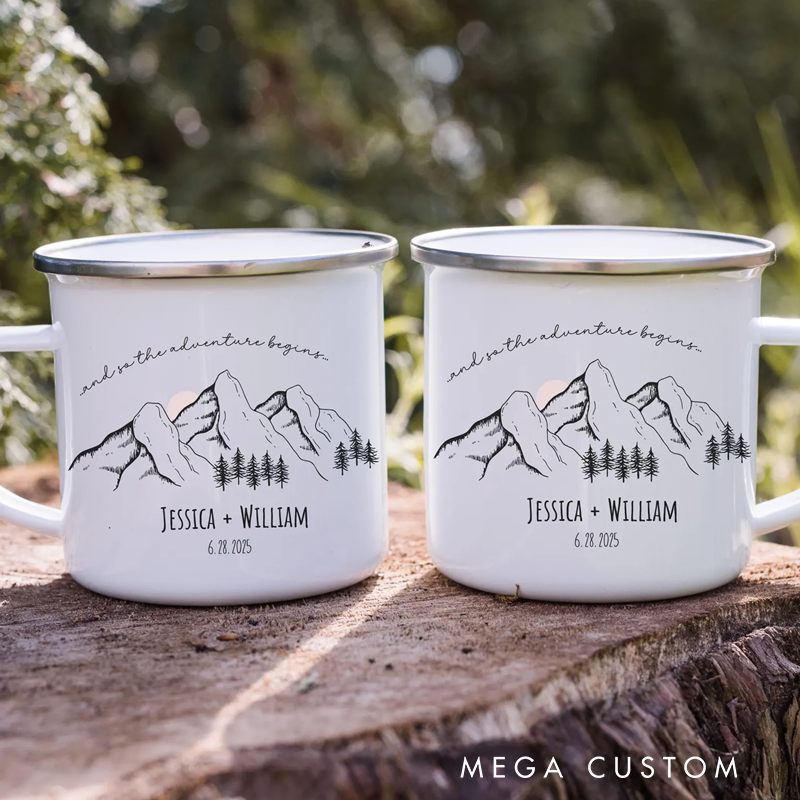 Personalized Custom Enamel Camp Mugs Couple Adventure Mountain Mugs Anniversary Gift for Outdoor Enthusiasts