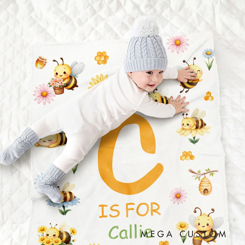 Personalized Cute Bee Flower Soft Throw Blanket with Name and Initial Nursery Decor Baby Shower Birthday Gift for Newborn Baby