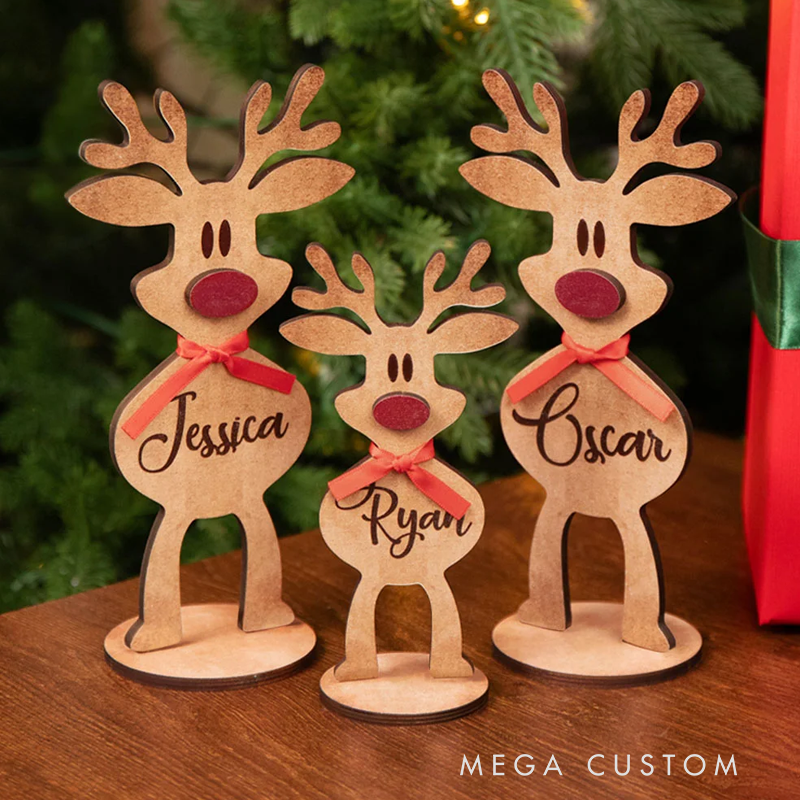 Personalisiertes Holz-Rentier mit Roter Nase und Schleife Tischdeko mit Namen Weihnachtsdeko Party Weihnachtsgeschenk für Familie Kinder