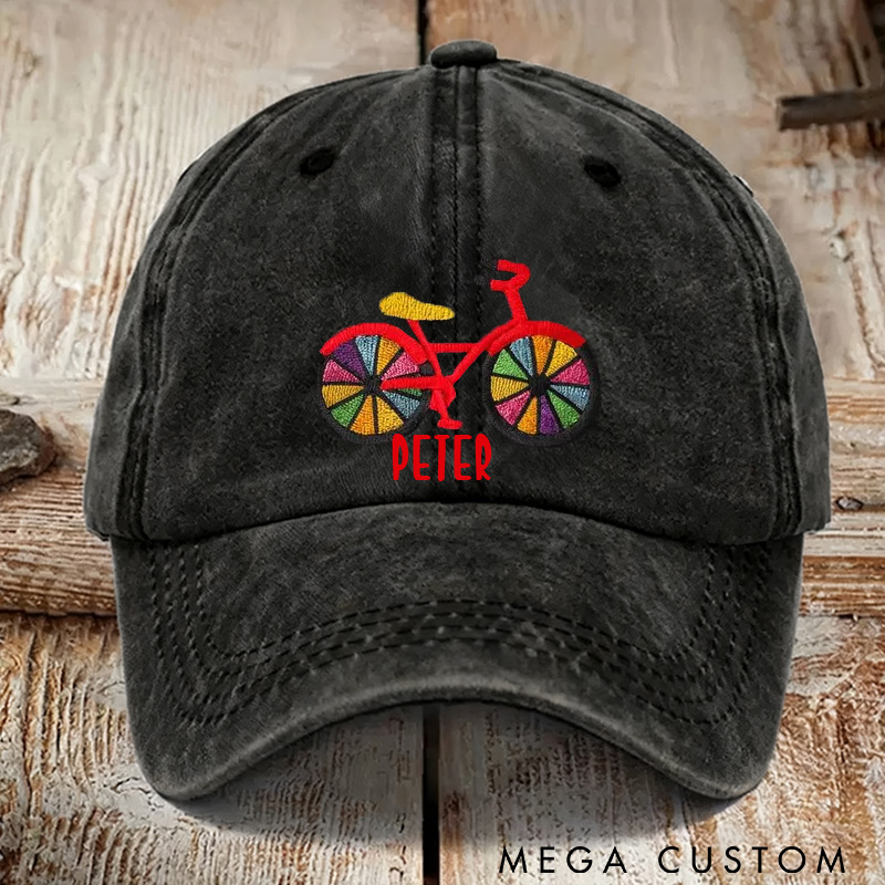Personalized Rainbow Bicycle Embroidered Hat Colorful Bike Dad Cap Adjustable Black Baseball Cap