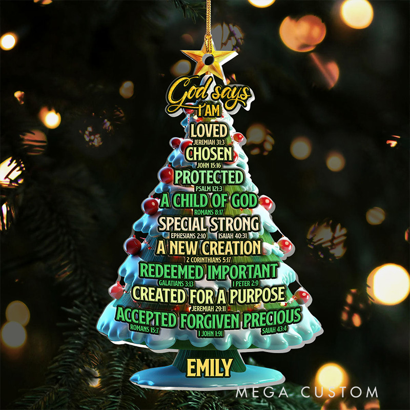 Personalized God Says I am Bible Verses Christmas Tree Acrylic Ornament with Name Holiday Tree Decor Christmas Gift for Christian