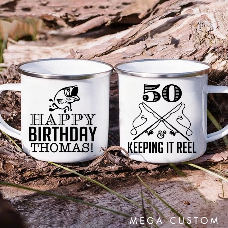 Personalized Fishing Enamel Mug Party Favor Cups Fisherman Birthday Fishing Birthday Party Favor Cups Funny Birthday Cups