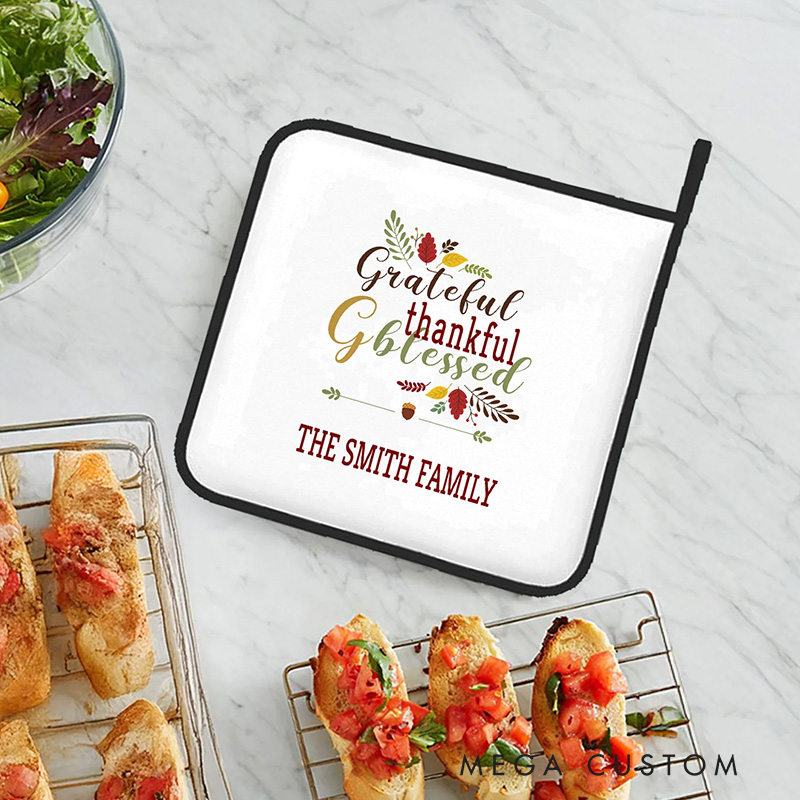 Personalized Thankful and Blessed Pot Holders Pads with Name Set of 2 Baking Cooking Utensil Gift for Family Cooking Enthusiast Baking Lovers Gift