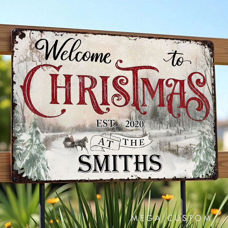 Personalized Welcome To Christmas Garden Sign Winter Scene With Sleigh Rustic Outdoor Decor Gift For Family Gardening Lovers 