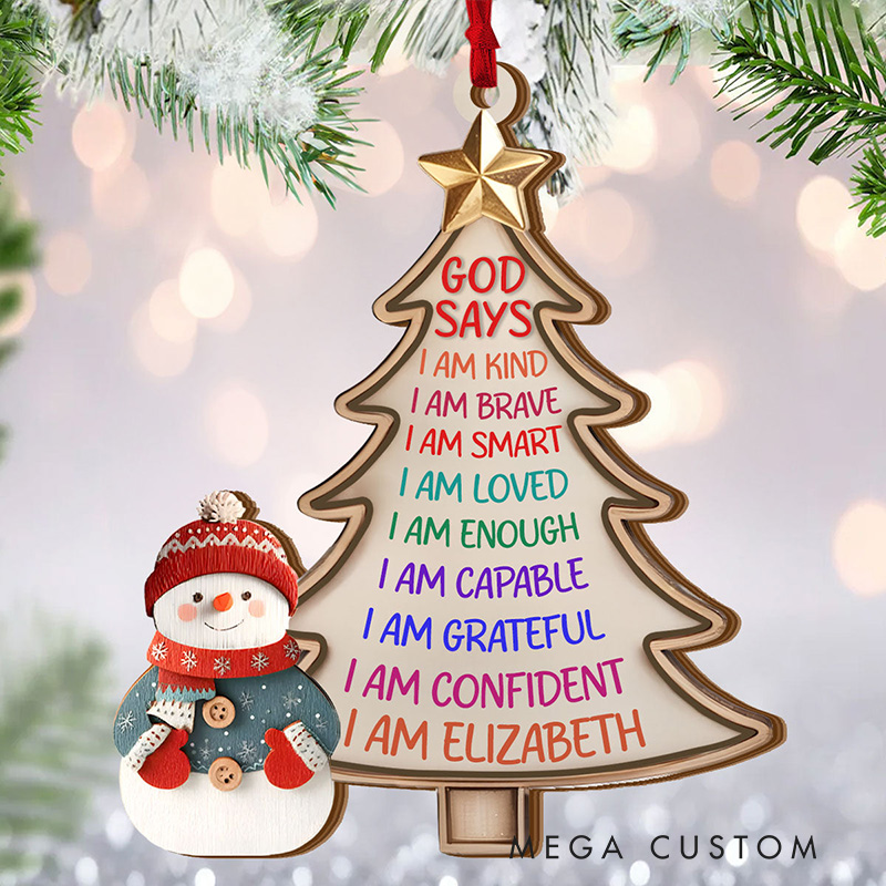 Personalized God Says I am Snowman Christmas Tree Ornament with Name 2-Layered Wooden Family Hanging Decoration Christian Gift for Christmas