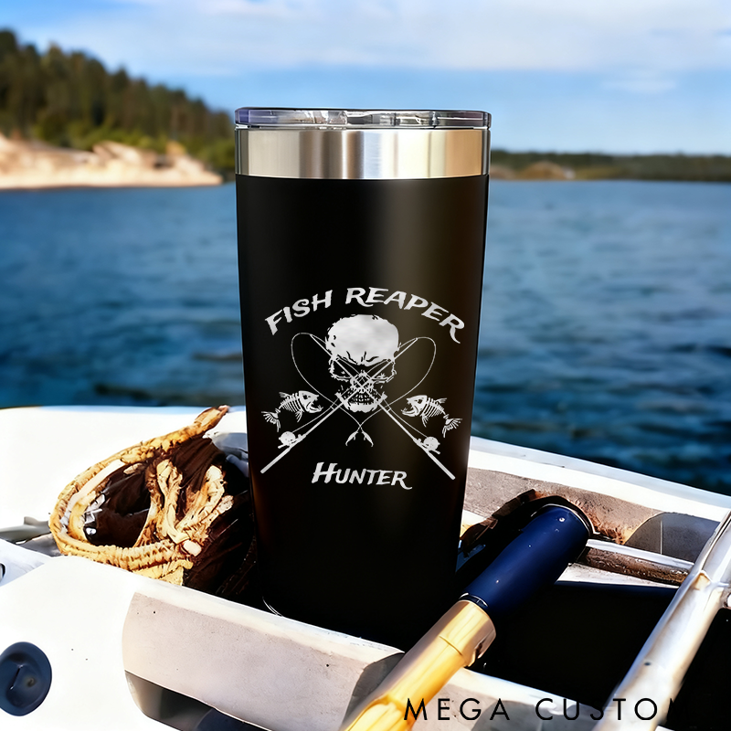 Personalized Fish Reaper Tumbler Stainless Steel Insulated Cup for Fishing Enthusiasts Durable Design Keeps Drinks Hot or Cold Perfect Outdoor Gift