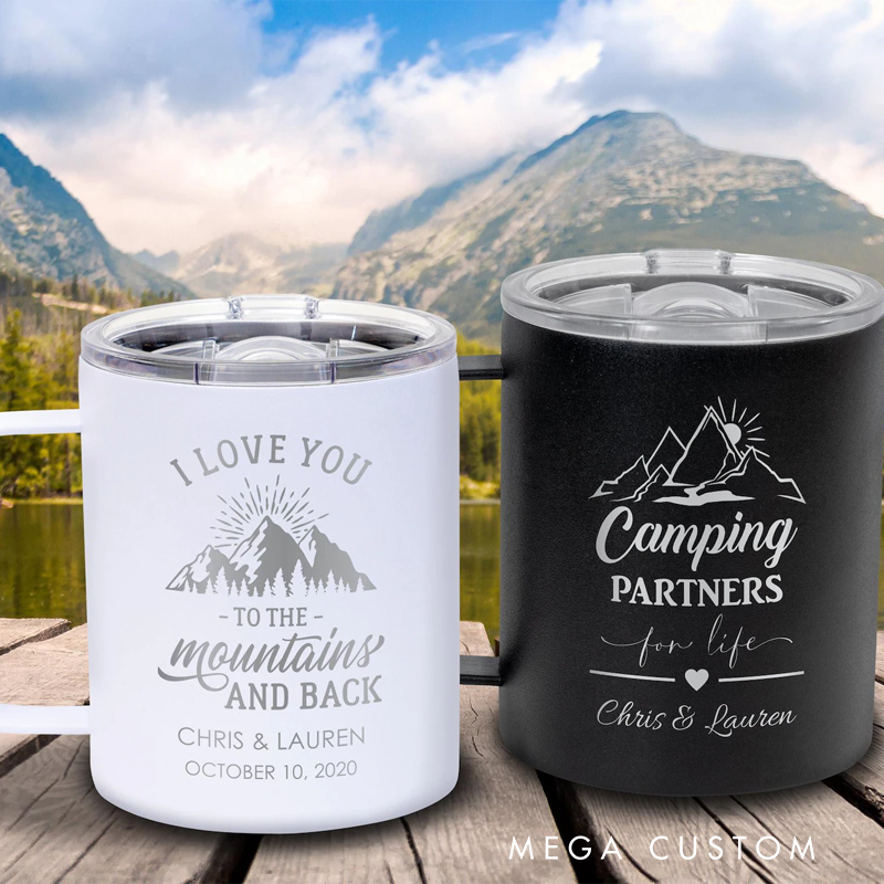 Personalized Camping Mug with Handle Custom Outdoor Coffee Tumbler Hiking and Campfire Bachelorette Gift
