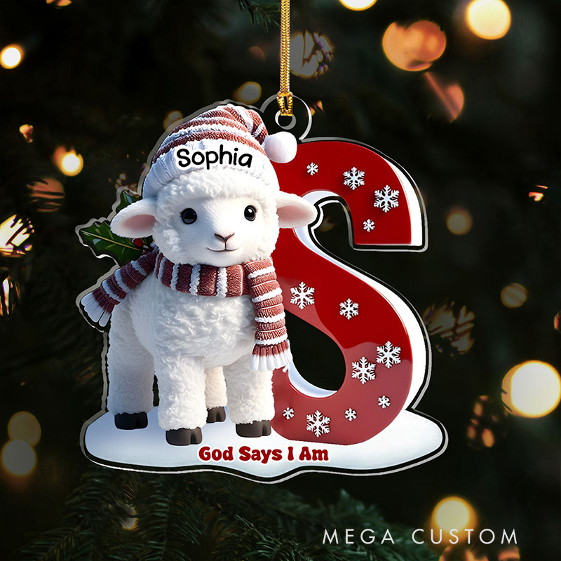 Personalized God Says I am Lamb Acrylic Ornament with Name and Initial Holiday Tree Decor Christmas Gift for Christian
