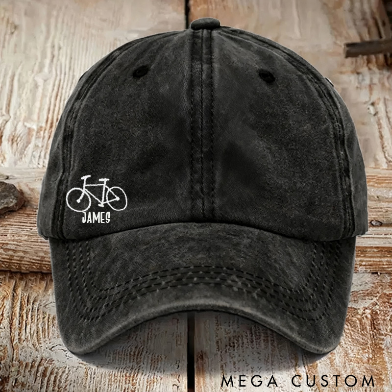 Personalized Embroidered Bicycle Hat Distressed Baseball Cap Small Road Bike In Corner