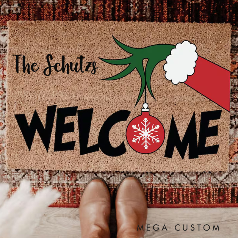Personalized Green Welcome Christmas Door Mat Funny Holiday Welcome Mat With Santa Hat Green Inspired Doormat Cute Christmas Entry Rug Xmas Porch