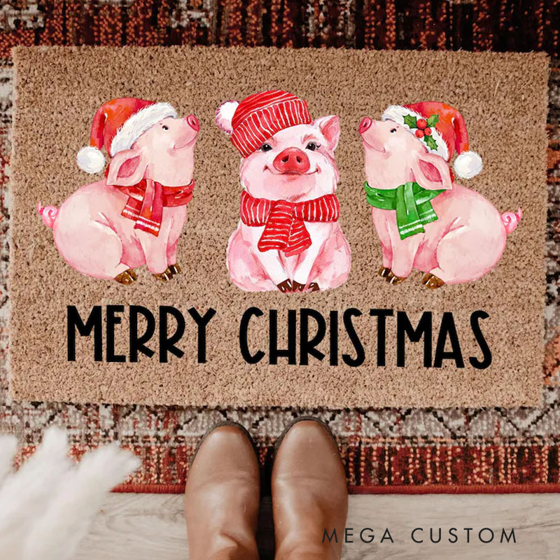 Personalized Merry Christmas Pig Door Mat Cute Holiday Doormat with Pigs Funny Xmas Entry Rug Christmas Farmhouse Decor Winter Porch Mat Xmas Doormat