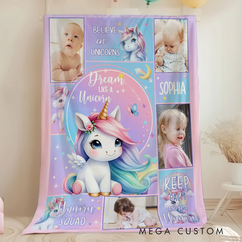 Personalized Fantasy Unicorn Photo Collage Soft Throw Blanket with Name Sofa Decor Baby Shower Birthday Gift for Baby Girls