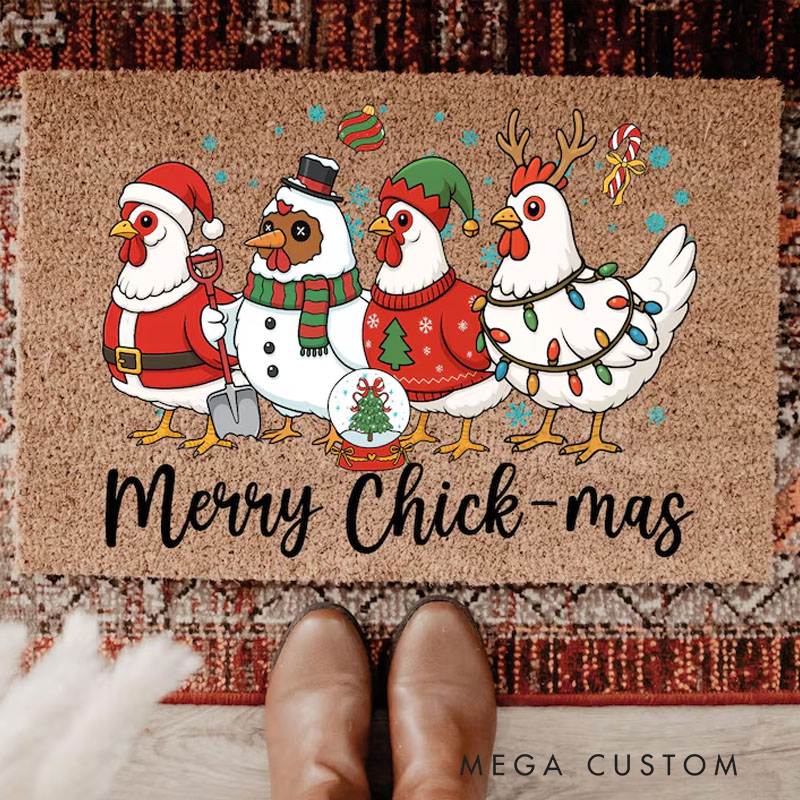 Personalized Merry Chick-mas Doormat Funny Christmas Chicken Mat Farmhouse Holiday Entry Rug Cute Xmas Porch Decor Farm Animal Gift Chicken Lover