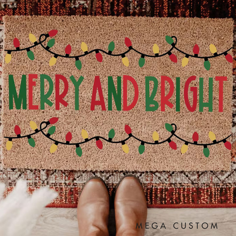 Personalized Merry and Bright Door Mat for New Home Housewarming Gift Custom Christmas Floor Mat Festive Outdoor Entrance Rug for Front Porch Decor