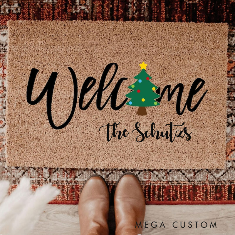 Personalized Christmas Tree Welcome Doormat Welcome Xmas Trees Holiday Doormat Festive Front Porch Welcome Mat Outdoor Entryway Rug Doormat