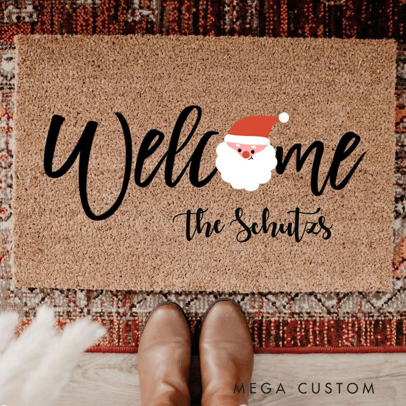 Personalized Christmas Welcome Door Mat for New Home Housewarming Gift Custom Holiday Floor Mat Festive Outdoor Entrance Rug for Front Porch Decor