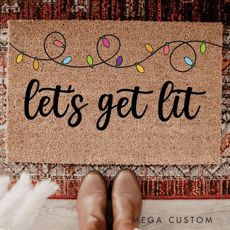 Personalized Let’s Get Lit Christmas Doormat with Colorful Holiday Lights Funny Xmas Front Porch Mat Festive Party Welcome Rug Holiday Entryway Decor