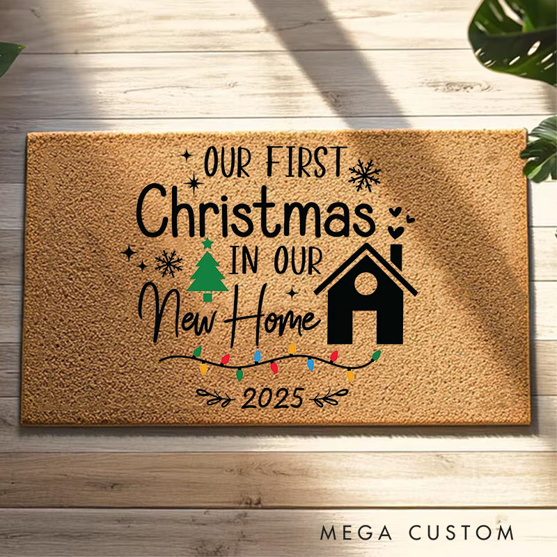 Personalized Our First Christmas Door Mat for New Home Housewarming Gift Custom Holiday Floor Mat Festive Outdoor Entrance Rug for Front Porch Decor