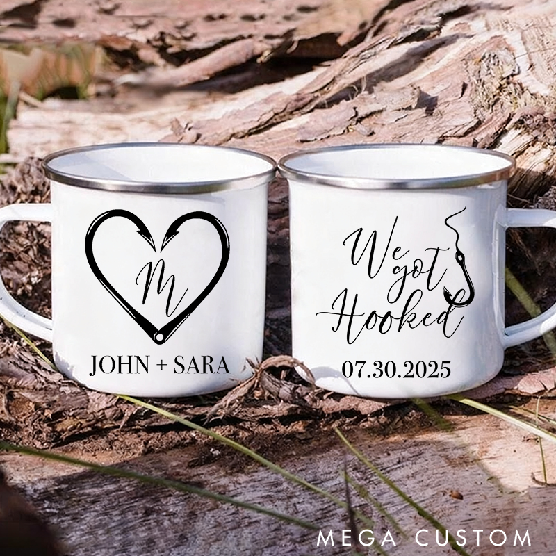 Personalized Fishing Enamel Mug We Got Hooked Design Custom Names and Time Perfect for Couples Wedding Anniversary or Outdoor Adventures