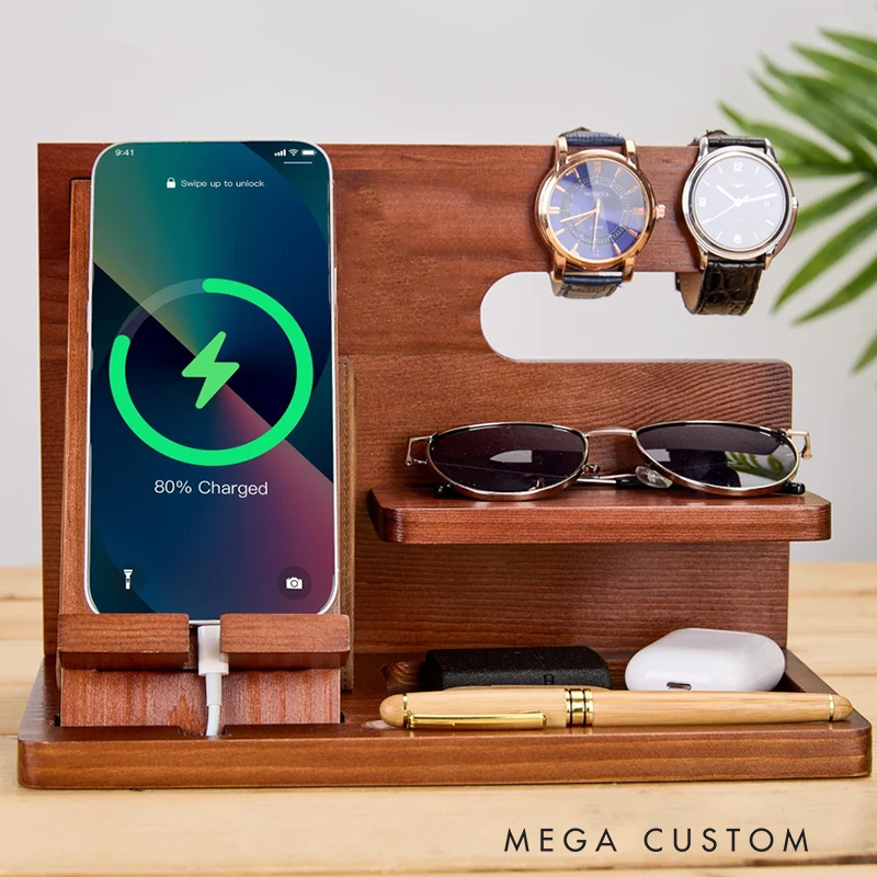 Personalized Police Officer Docking Station Custom Engraved Wooden Organizer for Watches Wallet Sunglasses and Accessories