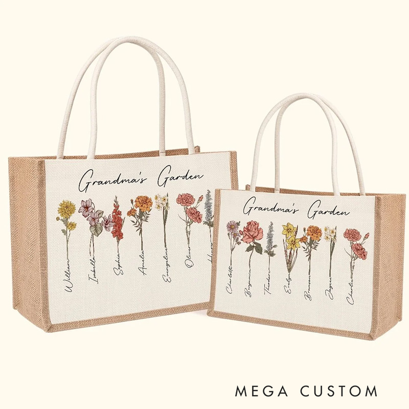 Personalized Birth Flowers Garden Jute Tote Bag with Names Birthday Mother's Day Gift for Woman Gardening Lovers Gift 