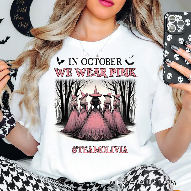 Personalized October Pink Awareness T-Shirt with Witchy Theme and Customizable Hashtag for Support