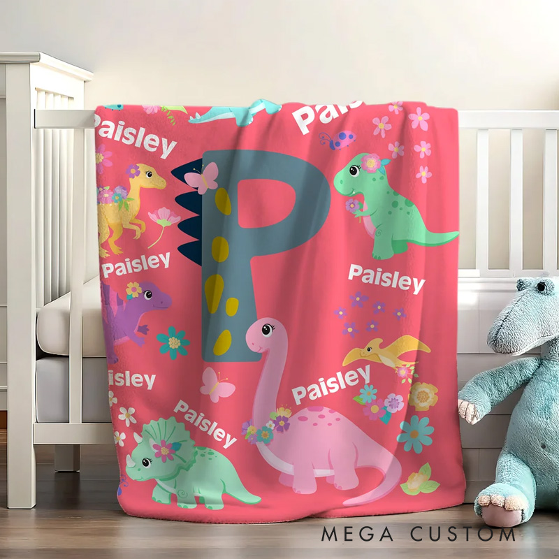 Personalized Cute Dinosaur Soft Throw Blanket with Name and Initial Room Decor Birthday Gift for Boys Girls