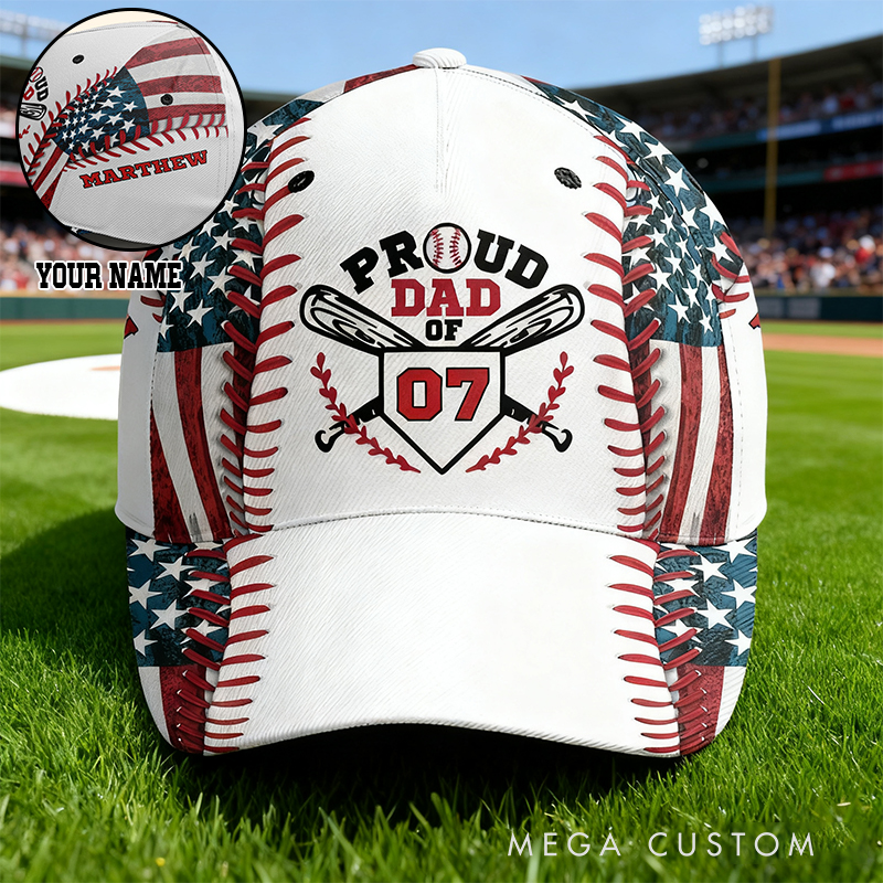 Personalized Proud Dad Baseball Cap with American Flag and Custom Details