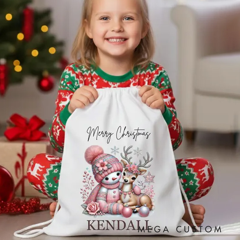 Personalized Cute Snowman and Reindeer Christmas Bag with Custom Name and Festive Holiday Greeting